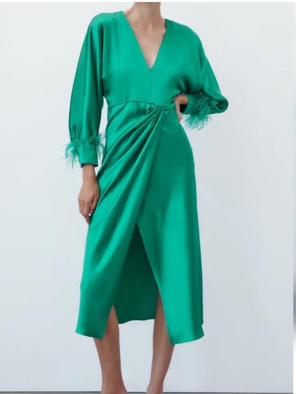 Zara Emerald Green Satin Midi Dress with Feather Cuffs